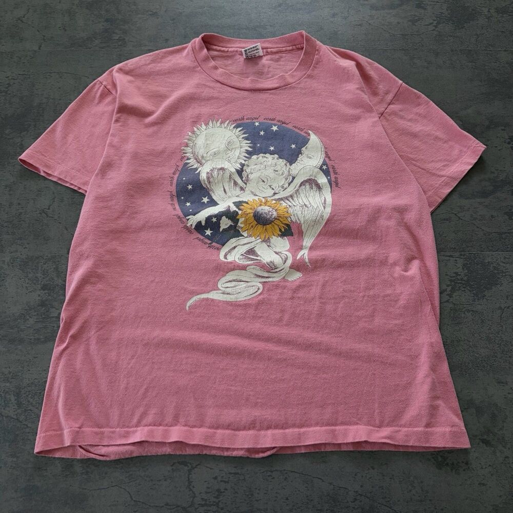 VINTAGE Earth Angel Graphic T-shirt XLarge Pink USA 90s Single Stitch